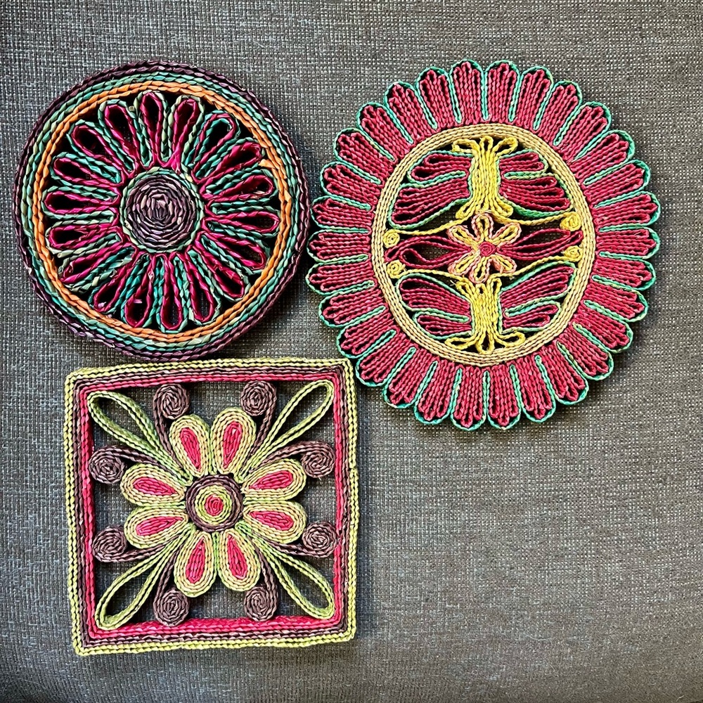 Boho Trivets Woven Set of 3 Hot Pads Vintage 70s Plant Candle Bohemian